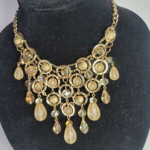 Gold Statement Formal Crystal-Like Beads & Faux Pearl Teardrop Accents Necklace